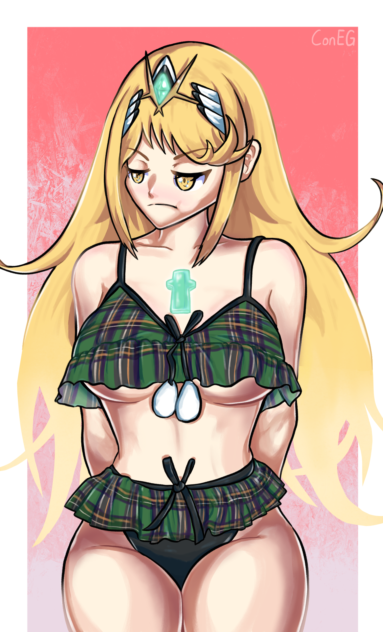 mythra from xenoblade chronicles 2 in a green plaid nightwear set, blushing from how it fits