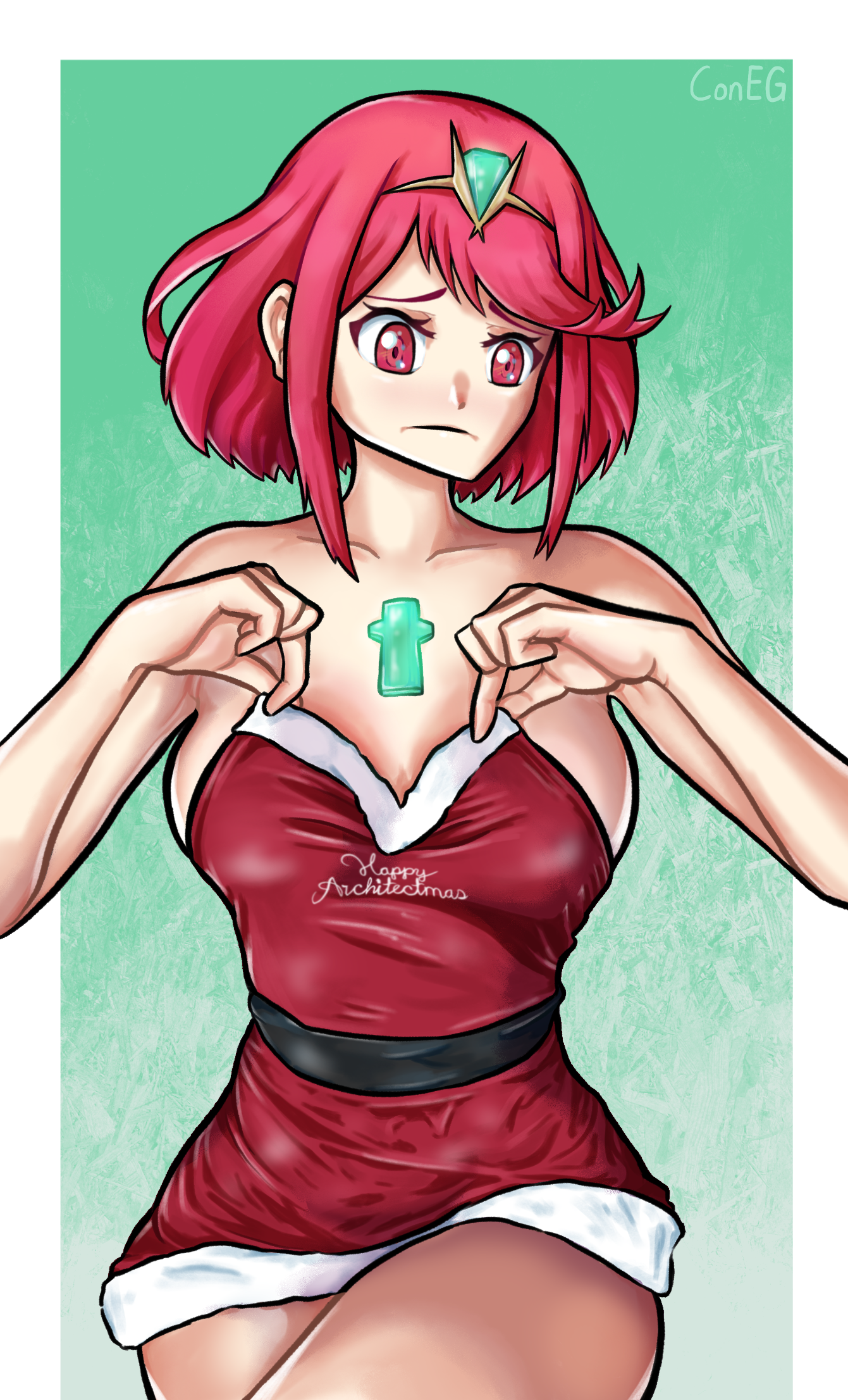 pyra from xenoblade chronicles 2 wearing a seasonal red dress, having to adjust the top a bit. the dress has "happy architectmas" on it