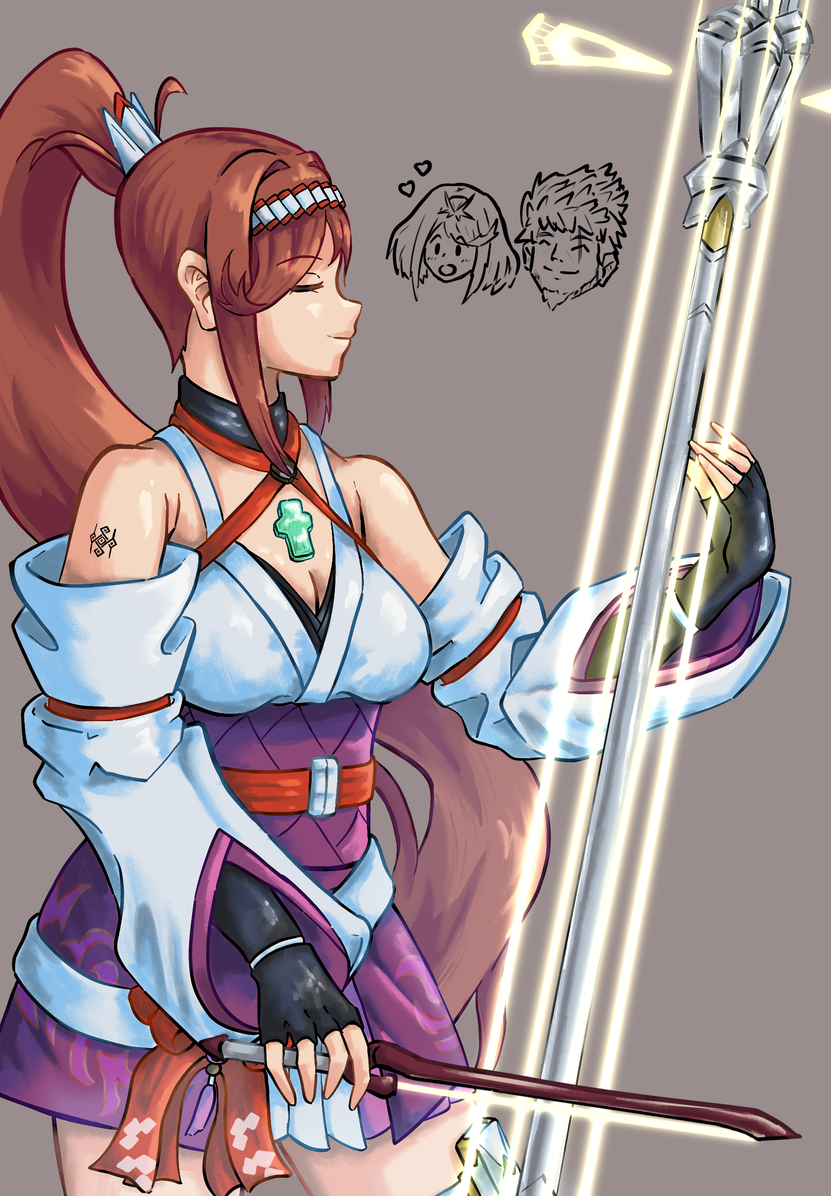 glimmer from xenoblade 3: future redeemed playing on her staff instrument weapon thing. scribbles of rex and pyra xenoblade very proud of her in the background