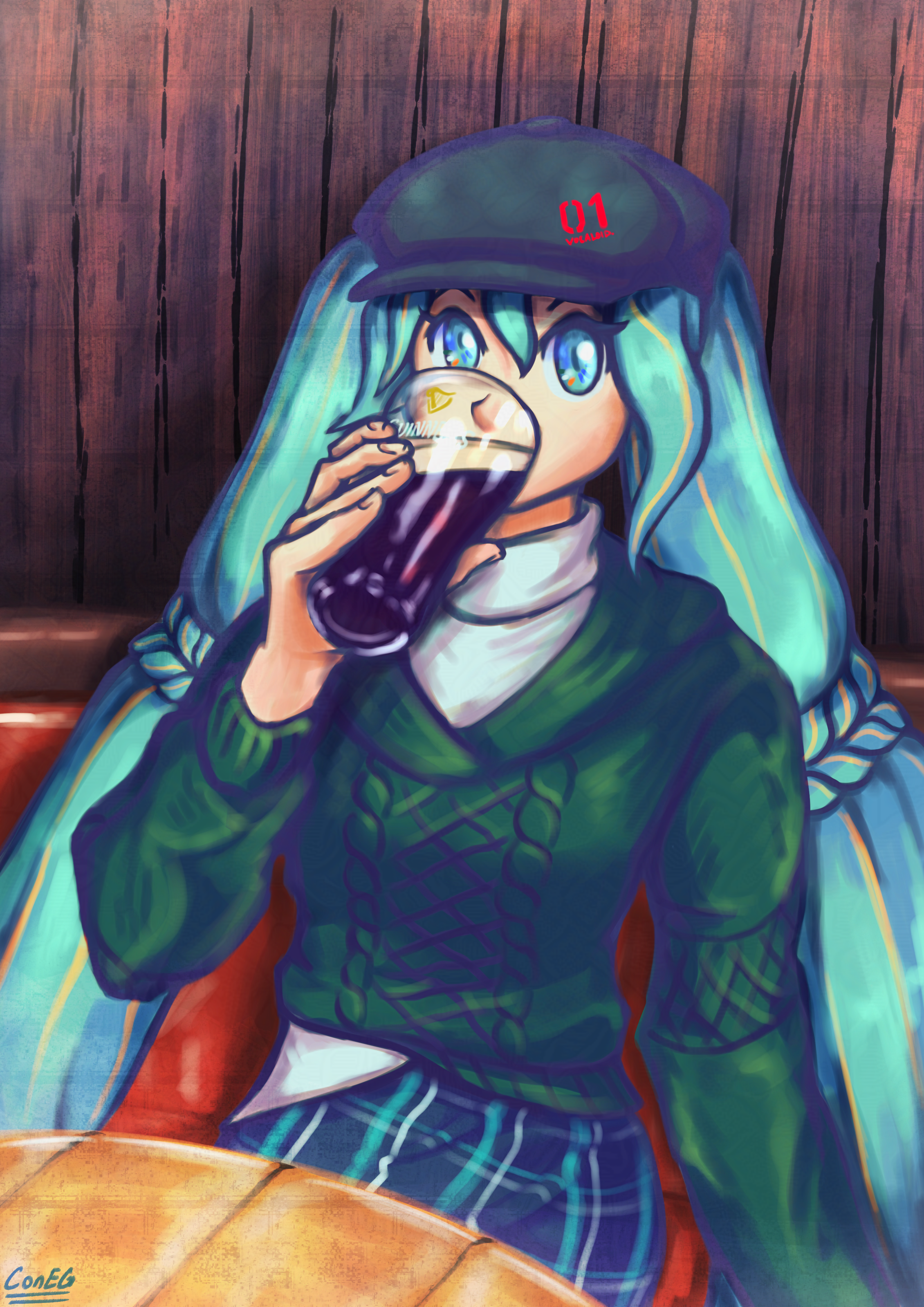 an irish version of hatsune miku with a flat brimmed cap (saying 01 vocaloid), off-white turtleneck shirt, dark green irish sweater, and plaid/tartan skirt, sitting at a pub booth drinking a pint of guinness