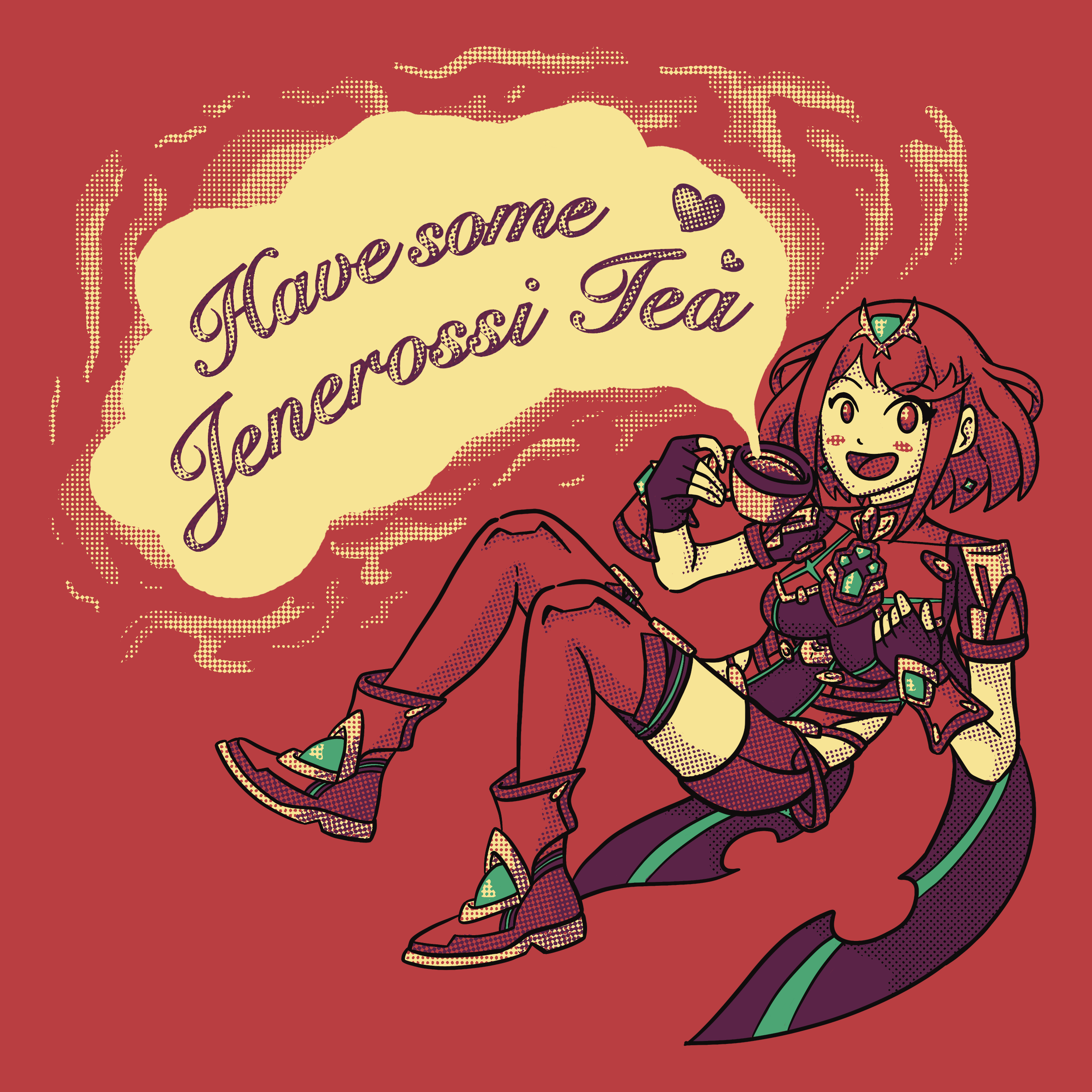 pyra xenoblade chronicles 2 laying back, having a cuppa tea (her favorite thing), with the steam creating a text bubble saying "Have some Jenerossi Tea" (it's a pun)
