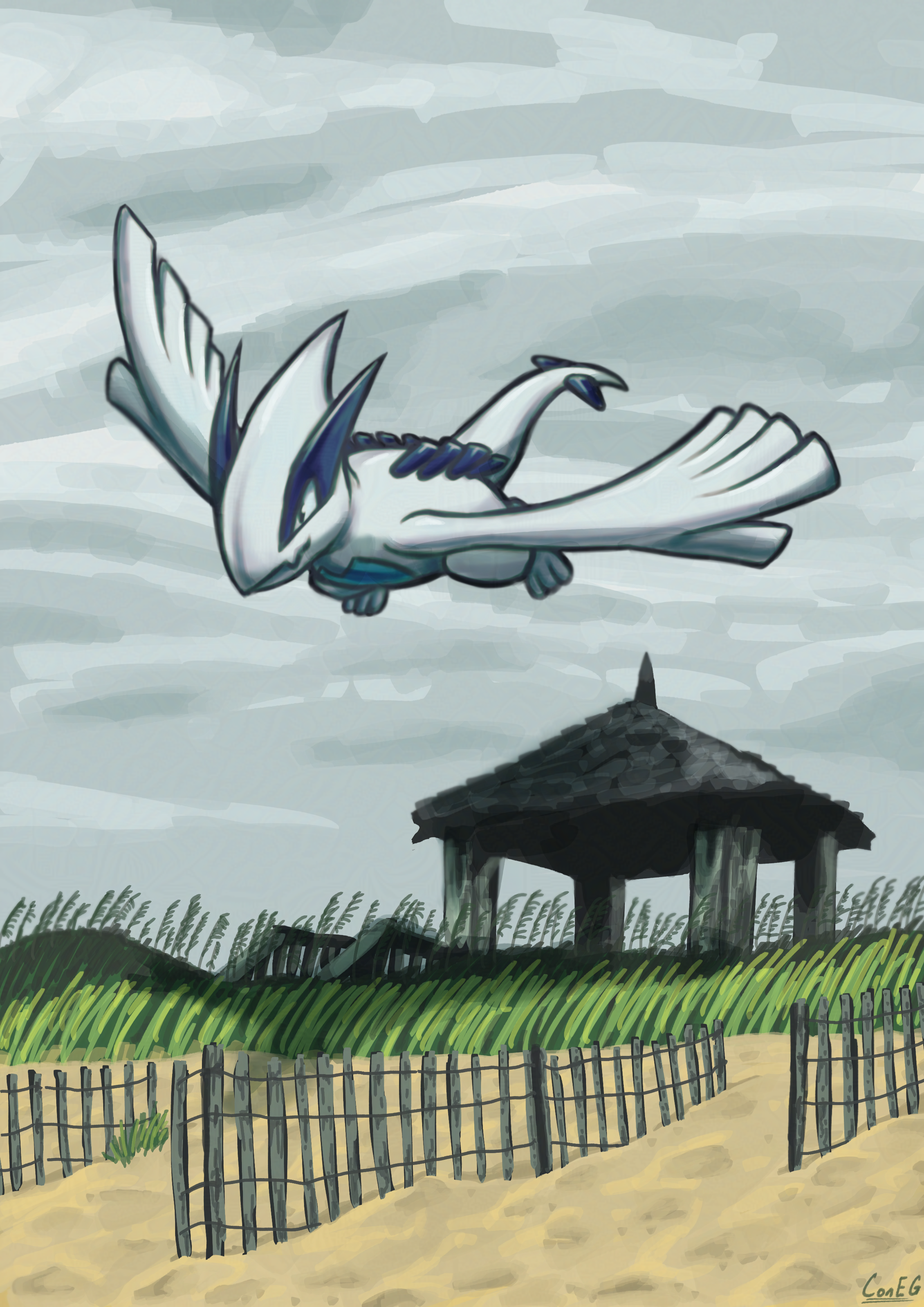 lugia from pokémon gold and silver flying over sand dunes with some grass and a wooden beach entrance hut, with gray clouds in the sky
