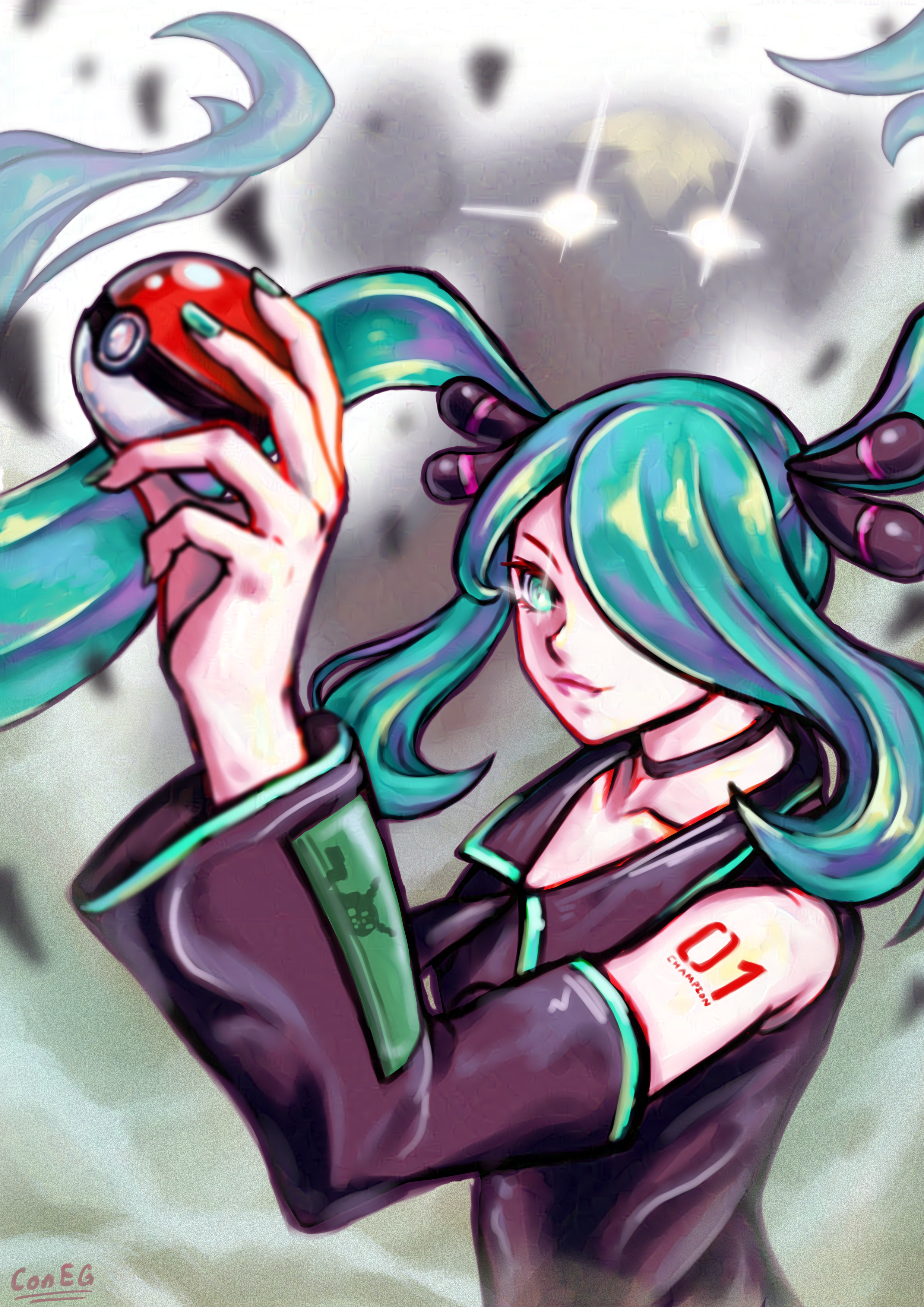 vocaloid hatsune miku as pokémon champion cynthia from diamond, pearl, and platinum, with her left arm bent at 90 degrees holding a pokéball. she looks calm and confident, with a light smile and a glare in her right eye. the left eye is covered by the flowing turquoise hair. she's surrounded by dust clouds and behind is the silhouette of a garchomp with glowing eyes. easter eggs: her sleeve has the poketch pikachu and her shoulder says 01 CHAMPION