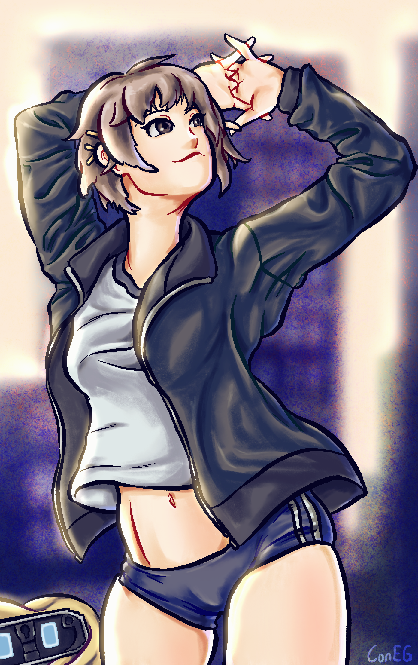 natsuno minami from 13 sentinels: aegis rim stretching during the sunset as her robo pal looks on (covered in a blanket to be disguised of course)