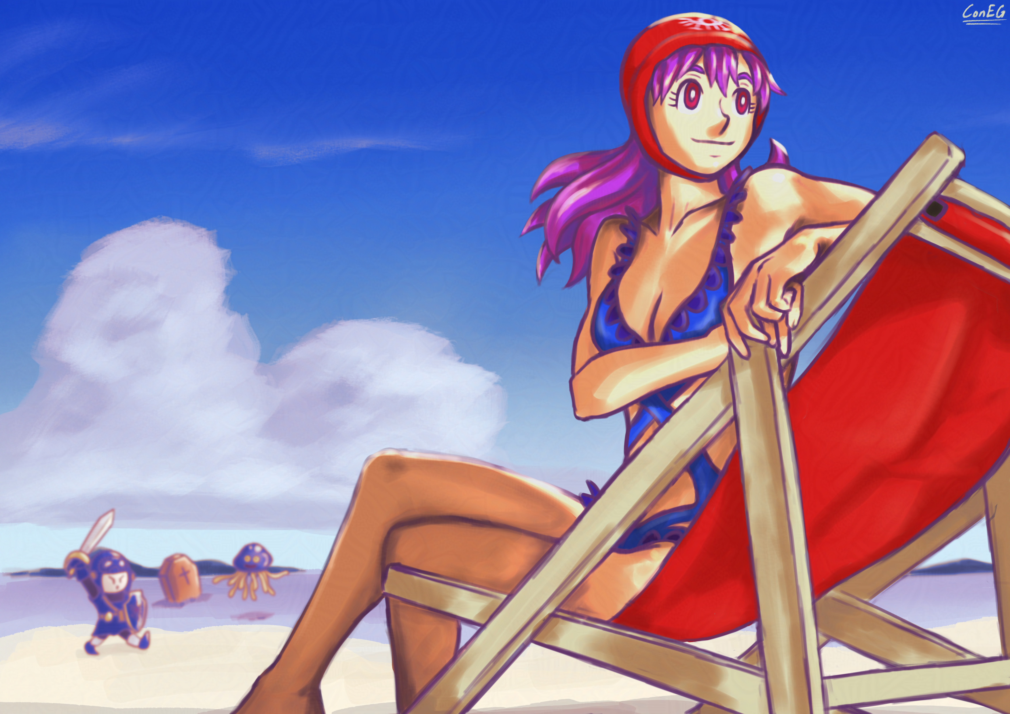 the princess of moonbrooke from dragon quest 2 in the msx port's bathing suit, leaning on the side of a beach chair and turning to look behind her with a smile. in front of her are her cousins (one fainted in a coffin) fighting a healslime by the water