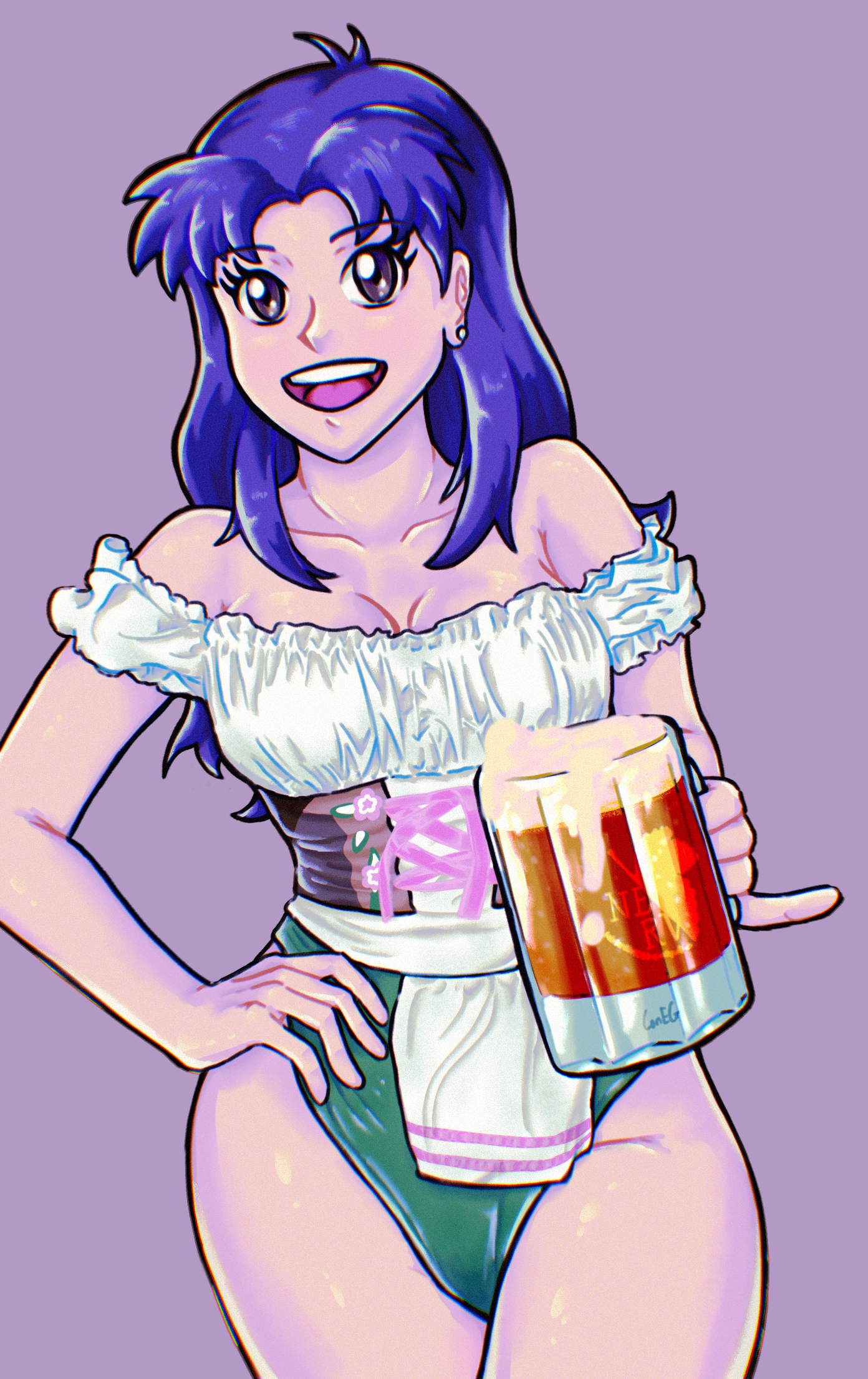 misato katsuragi from neon genesis evangelion in an oktoberfest inspired costume serving a beer