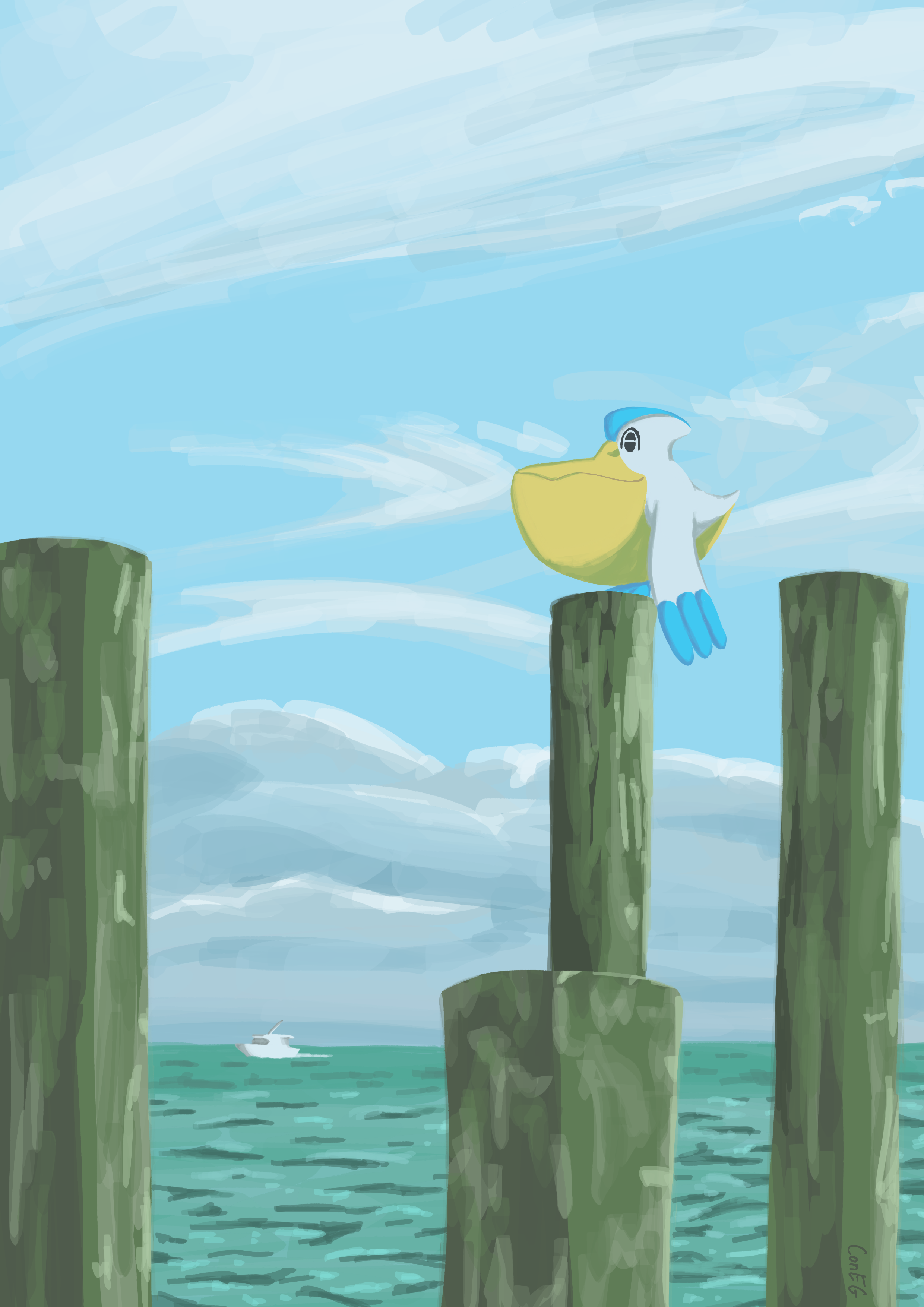 a vertical landscape image of a pelipper from the pokémon series sitting on one of several wooden posts emerging from the turquoise sea. near the horizon is a fishing boat, the sky is full of various white and gray clouds