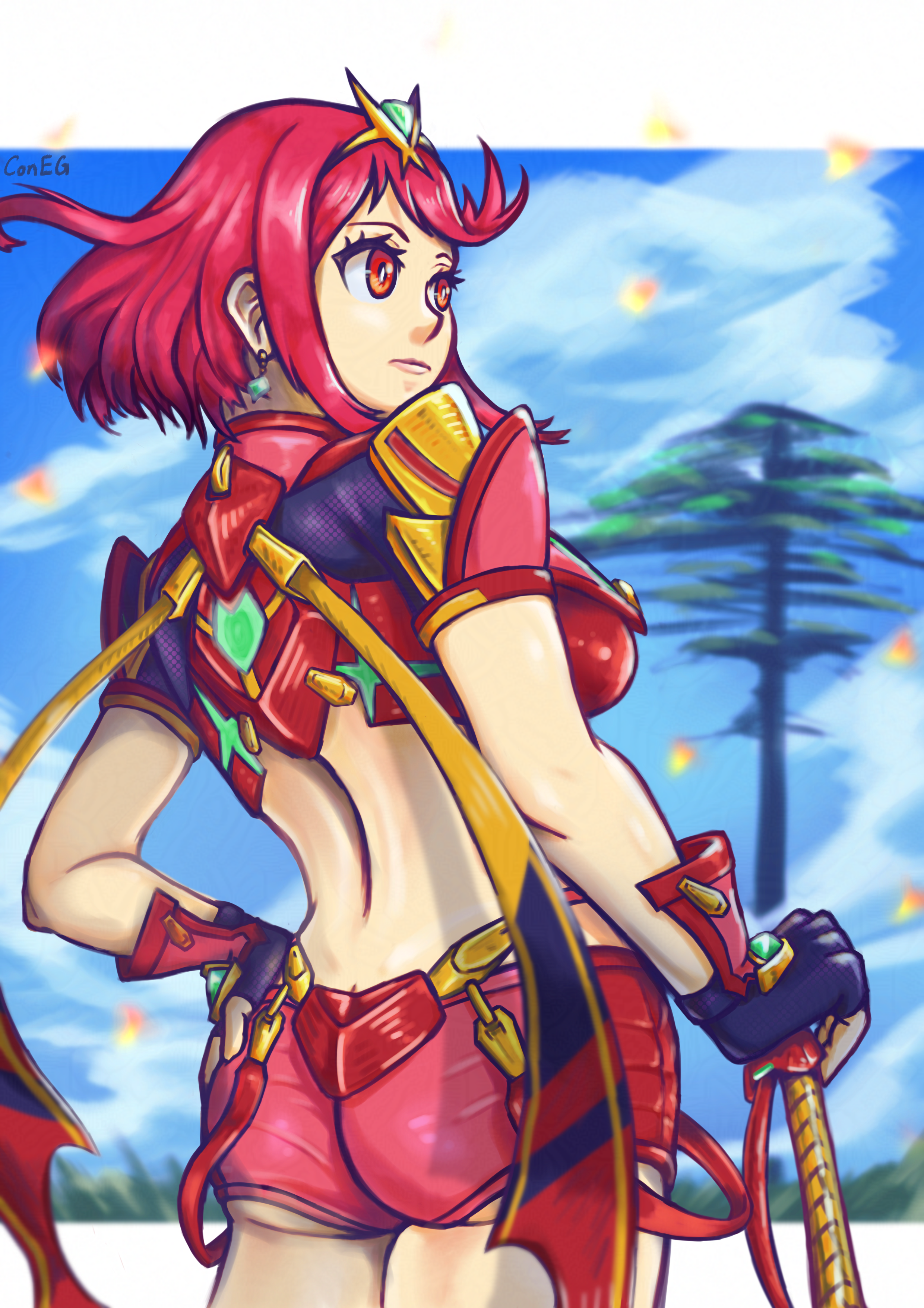 fanart of pyra from xenoblade chronicles 2. she is standing with her back facing toward the viewer and leaning to her left with a hand on hip, the other hand is on the hilt of her sword. her head is turned to the right, gazing outwardly with a neutral expression. in the foreground are small sparks of fire, in the background are a multitude of clouds amidst a blue sky and the silhouette of the world tree