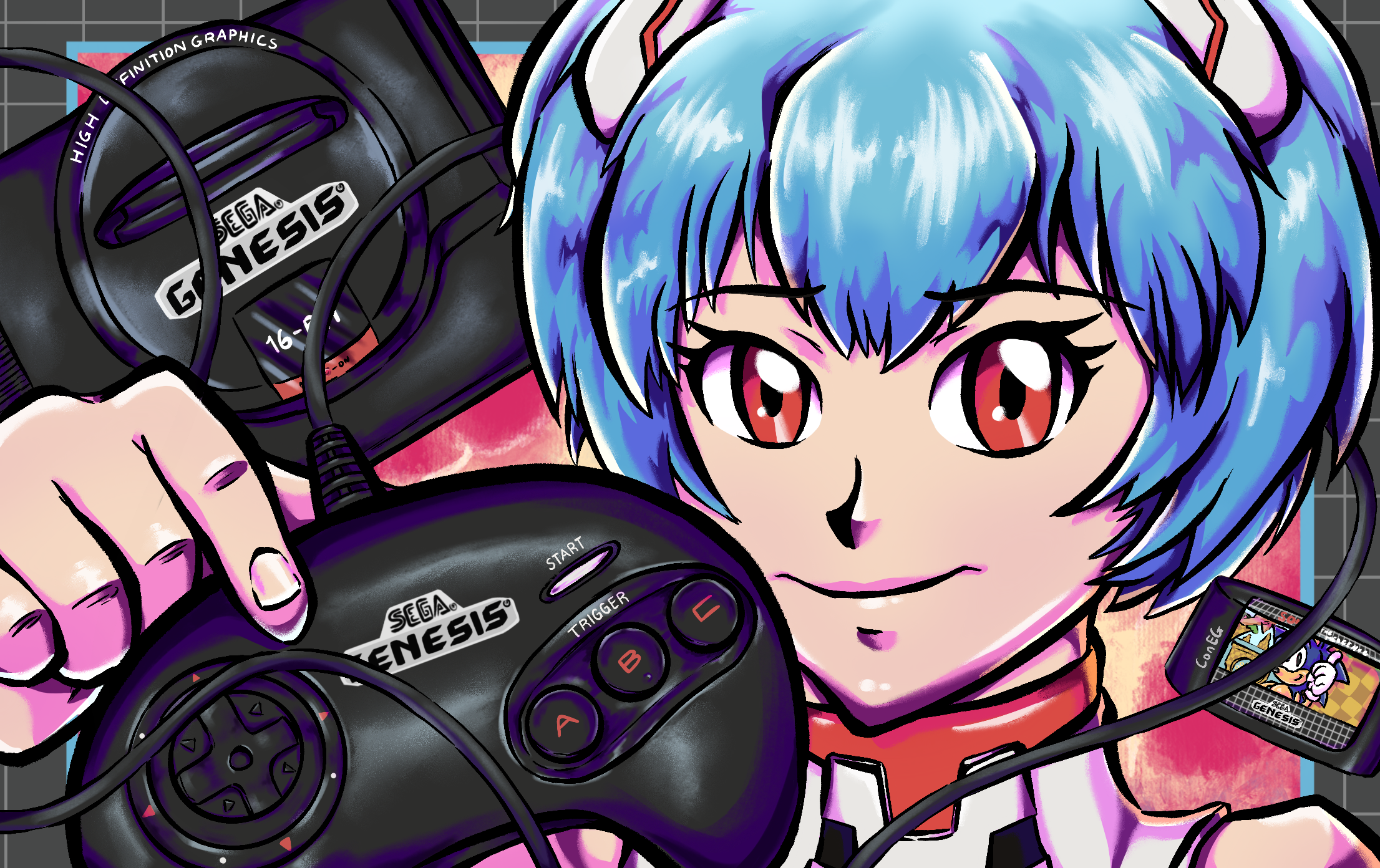 rei ayanami from neon genesis evangelion with a bunch of sega genesis iconography (the model 1 system, the 3 button controller, and a sonic the hedgehog cartridge)