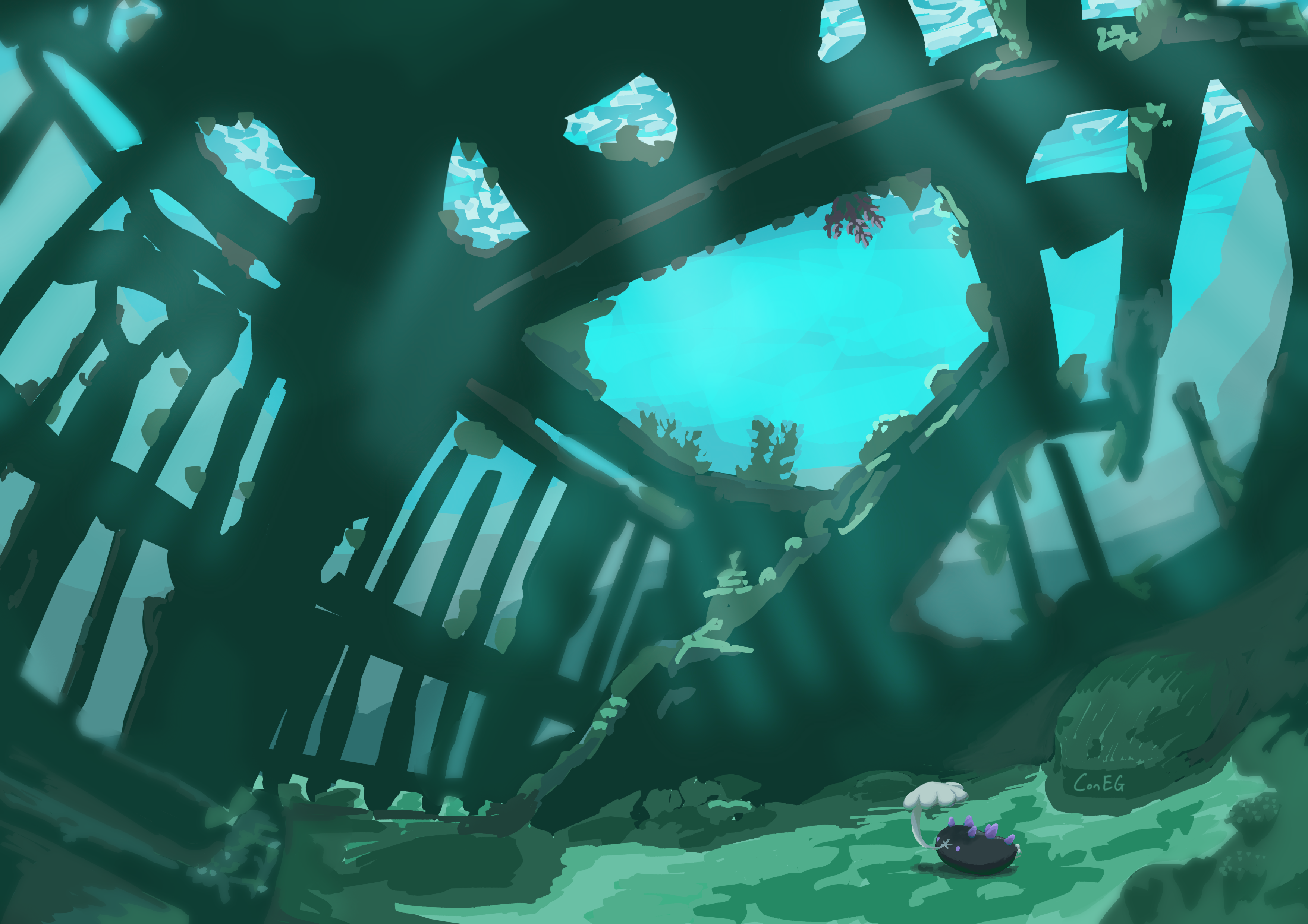 an inside view of a completely deteriorating shipwreck, with light pouring through the holes on the deck and sides. coral and rocks cover the planks and metal. on the rubble sea floor is a pyukumuku from pokémon, extending its hand-shaped innards above its face to create shade.