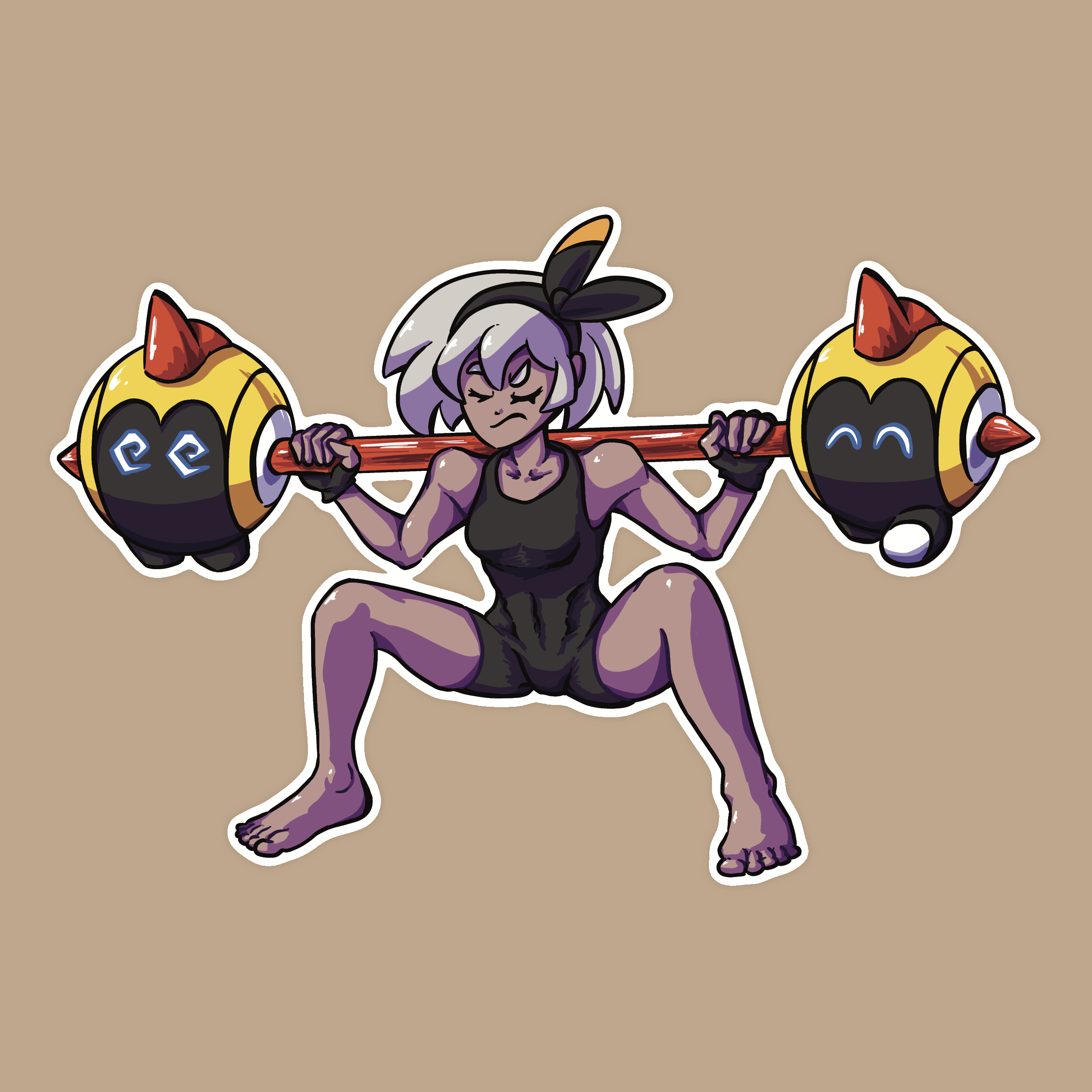 bea from pokemon sword squatting two falinks, kinda annoyed. the left falinks is knocked out, the right falinks is having a fun time :)