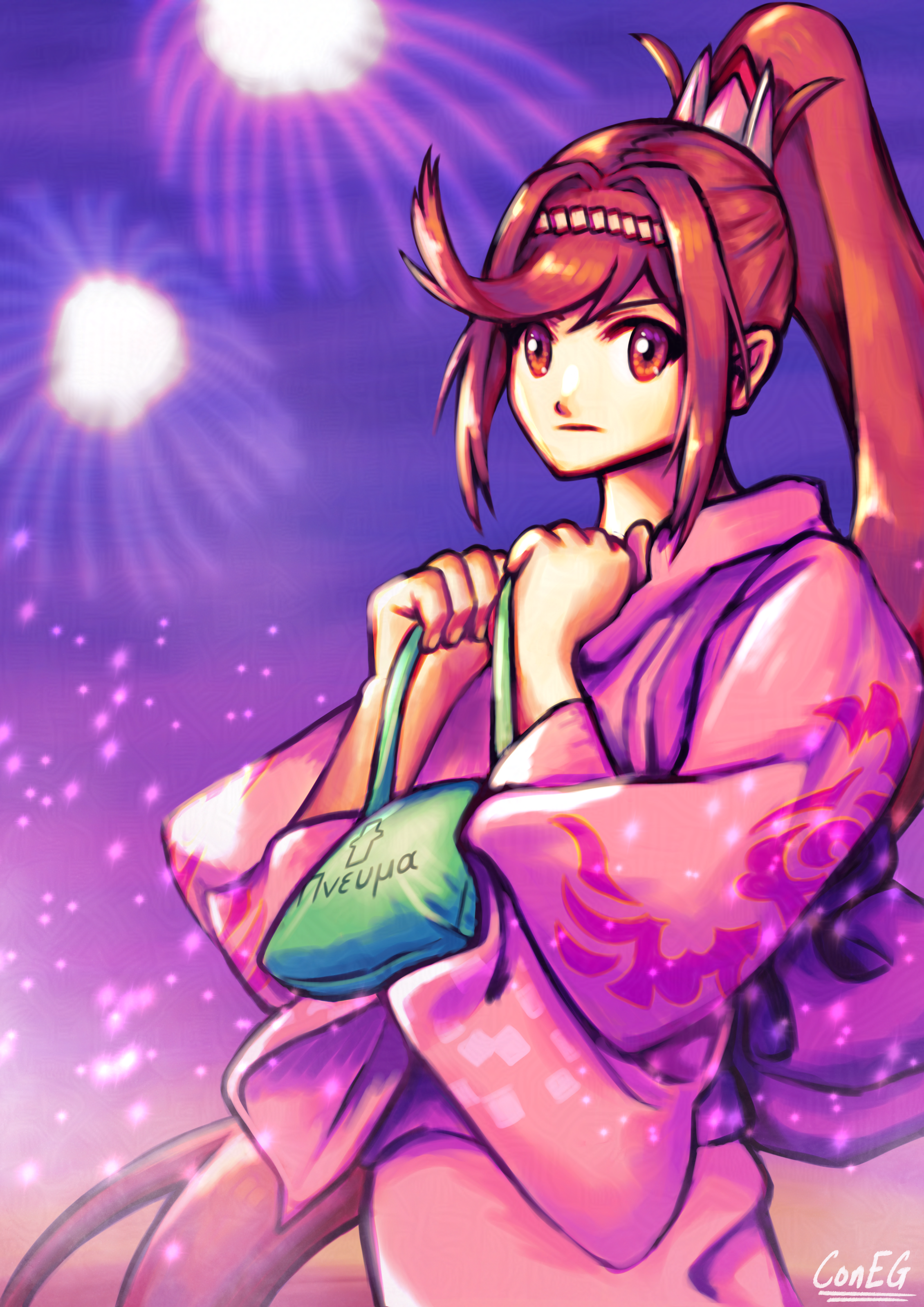 glimmer from xenoblade chronicles 3: future redeemed in a pink yukata kimono holding a bag and looking to the side with a neutral expression. surrounding her are sparkles, behind her are fireworks exploding in a hazy purple sky. her bag has the aegis core crystal symbol and says pneuma in greek