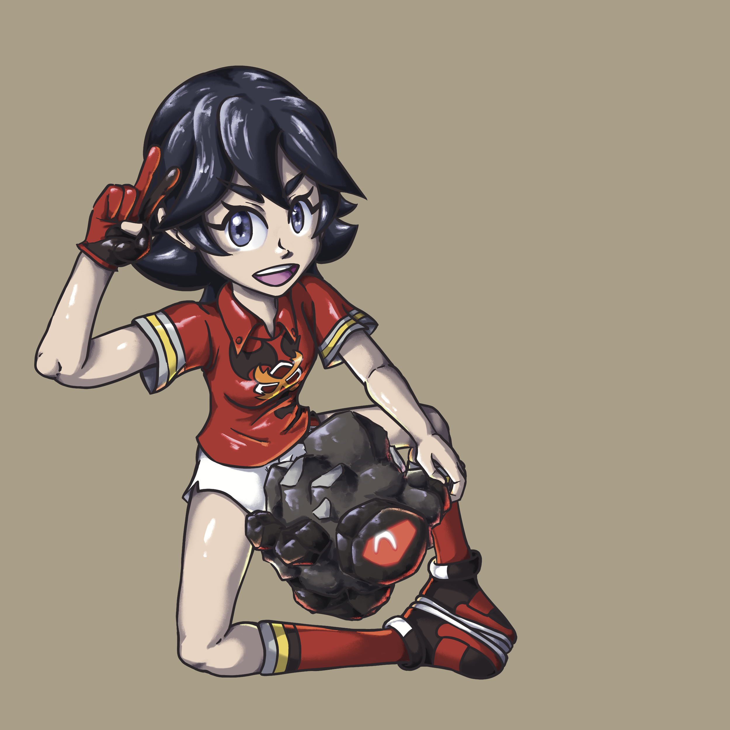 wakaba, a girl aiming to be a fire-type gym trainer at kabu's gym, sitting down with her rolycoly