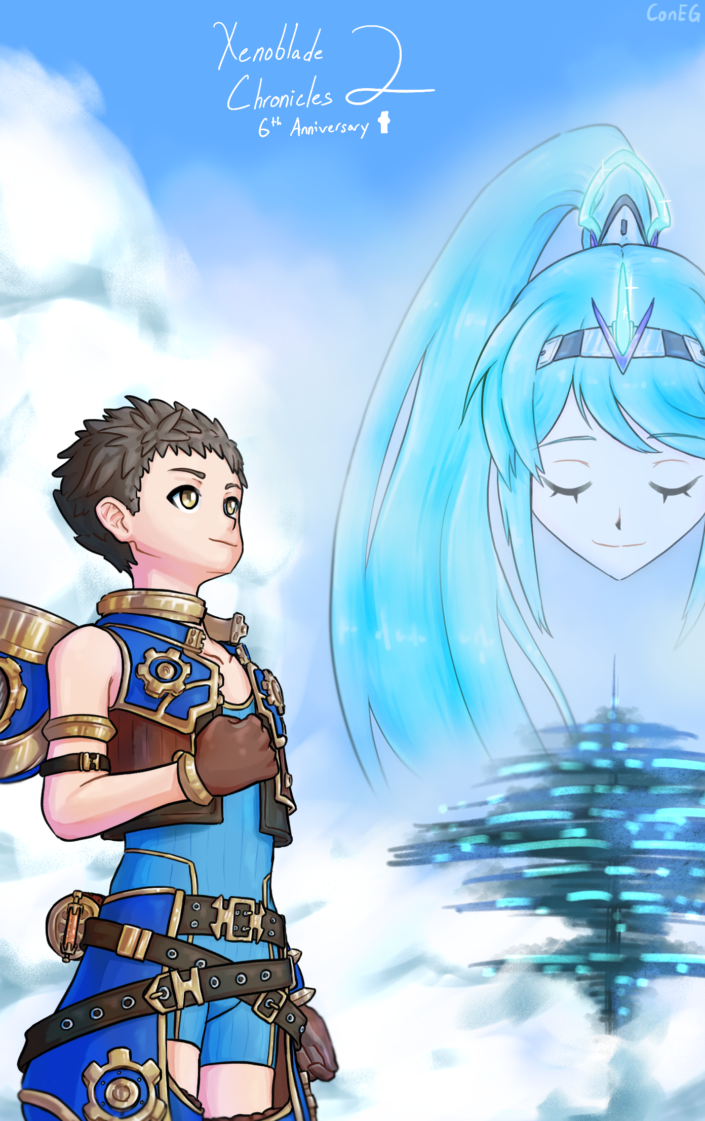 xenoblade chronicles 2 6th anniversary fanart: rex on the left staring out towards the blue sky, a partially transparent pneuma smiling down upon the world tree on the right