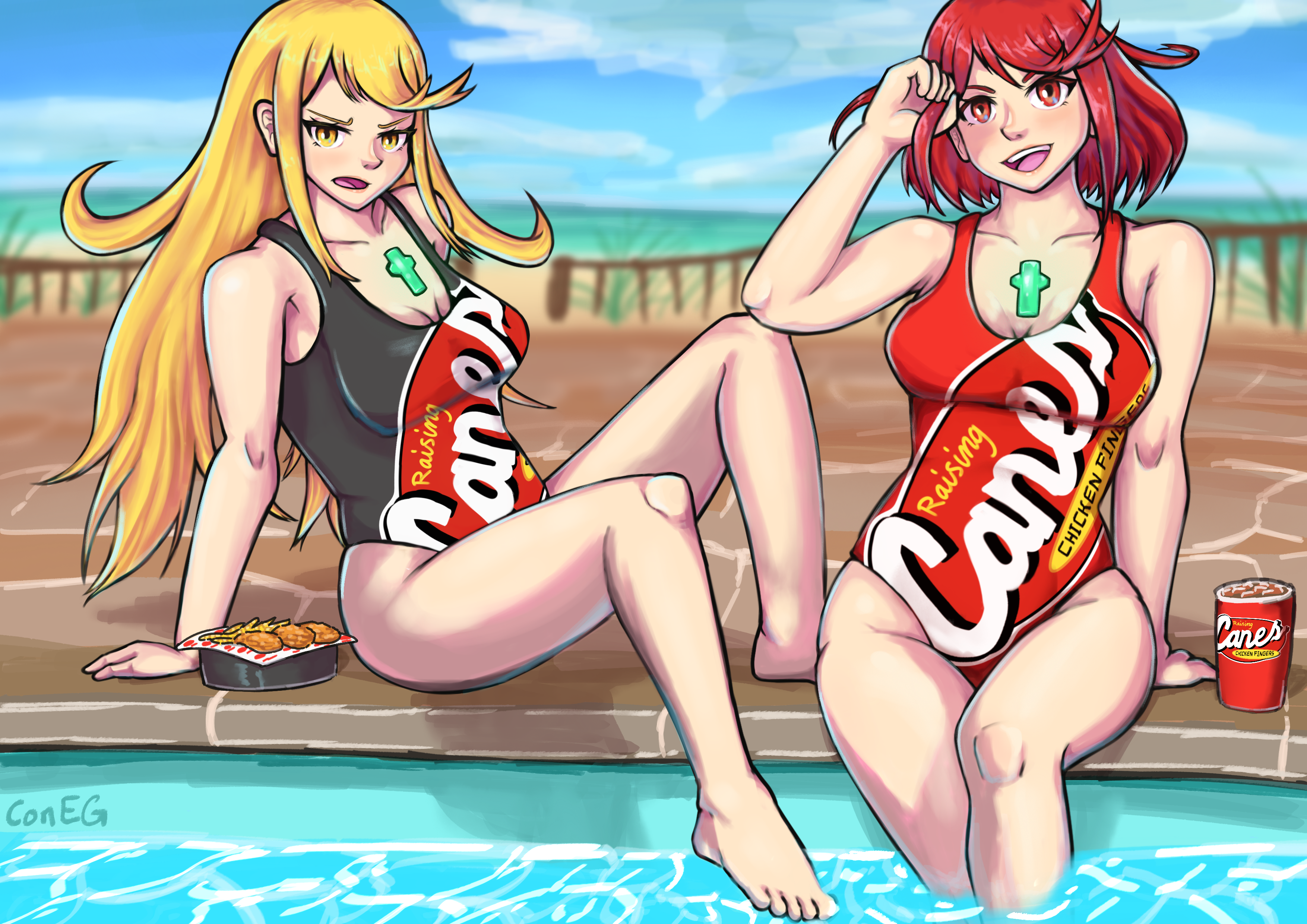pyra and mythra from xenoblade chronicles 2 relaxing on the edge of a pool near the beach. pyra is smiling and playing with a strand of hair in her right arm while having her legs dipped in the pool. mythra is sitting sideways and annoyed, with her right foot hovering over the water while the other remains planted on the ground. the two are wearing one piece swimsuits with the raising cane's chicken fingers logo (pyra's in red, mythra's in black, both real swimsuits that exist). a soft drink is to pyra's left and a bowl of chicken fingers and fries are to mythra's right.