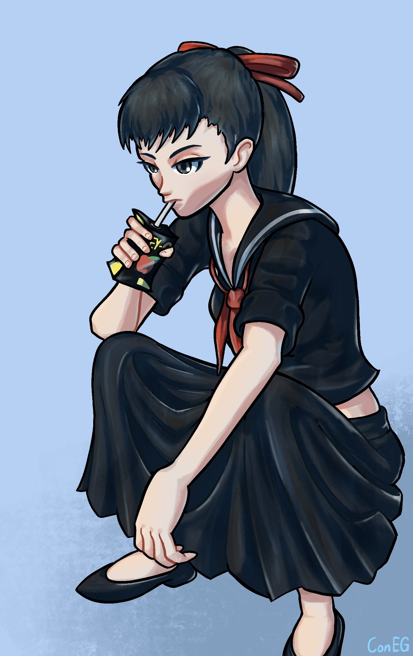 yuki takamiya from 13 sentinels: aegis rim in a delinquent squat pose while drinking a juice box