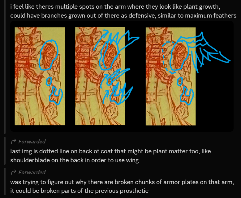 screencaps of my forwarded messages on discord. supplemental material on my interpretation of my latest piece's design. i say, 