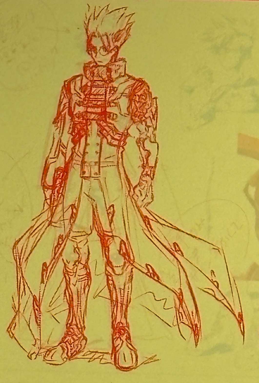 photo taken of concept art, taken by bsky user roobun at the trigun stampede exhibition. it's an unused appearance that was conceptualized for the final episode of trigun stampede, after vash breaks through the plant tank.