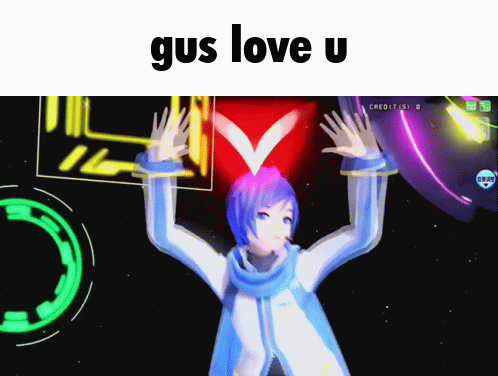 A GIF OF THE VOCALOID KAITO MAKING A HEART WITH HIS ARMS THAT'S CAPTION 'GUS LOVE YOU'.