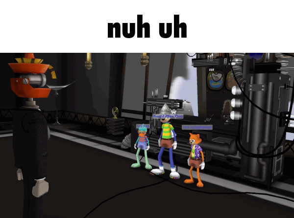 A GIF OF ME, MY QPP AND MY FRIENDS' TOONTOWN CHARACTERS SHAKING THEIR HEADS AT ONE OF THE IN-GAME BOSSES, ALTON S. CROW.