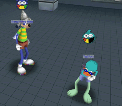 A GIF OF MY TOONTOWN CHARACTER, ROYAL BLUE DOG HAVING GLITTER TOSSED ON HIM BY MY FRIEND'S TOONTOWN CHARACTER, TEAL DUCK.