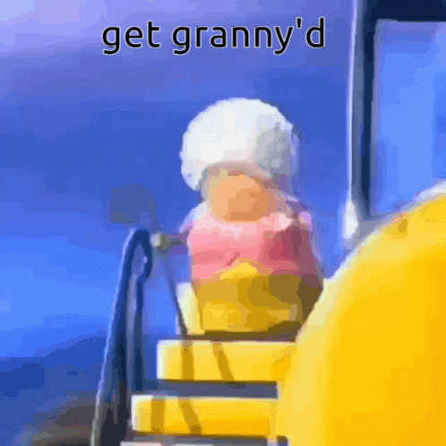 A GIF OF GRANNY NORMA FROM THE LORAX (2012) JUMPING AND FALLING DOWN THE STAIRS CAPTIONED 'GET GRANNY'D'.