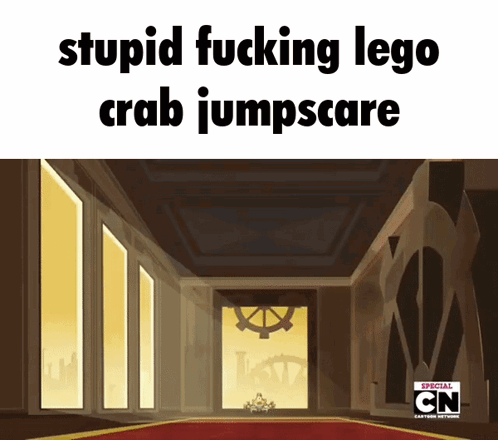 A GIF OF GOX FROM MIXELS RUNNING AT THE CAMERA CAPTIONED 'STUPID FUCKING LEGO CRAB JUMPSCARE'.
