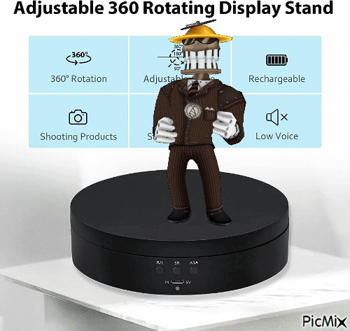 A GIF OF DAVE BRUBOT FROM TOONTOWN: CORPORATE CLASH SPINNING ON A '3D ROTATING DISPLAY STAND'.