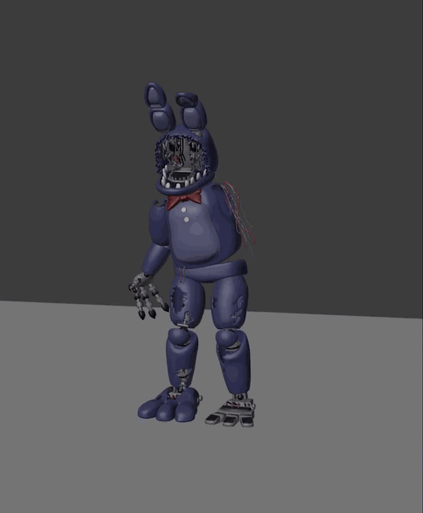 A GIF OF WITHERED BONNIE FROM FIVE NIGHT'S AT FREDDY'S 2 EXPLODING INTO THOUSANDS OF PIECES.