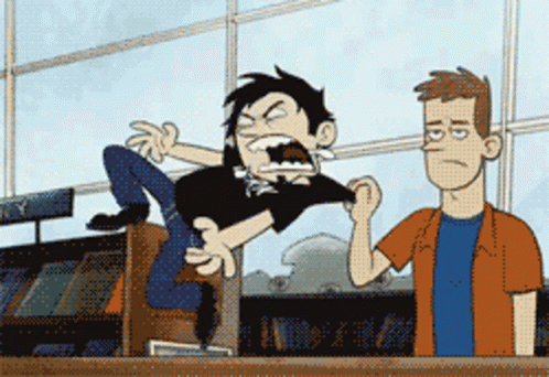 A GIF OF DAN FROM DAN VS ACTING FERAL WHILE CHRIS HOLDS HIM.