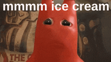 A GIF OF BANBAN FROM GARTEN OF BANBAN STICKING HIS TONGUE OUT SADLY. A PNG OF AN ICECREAM CONE HAS BEEN EDITED INTO IT TO MAKE IT LOOK LIKE HE'S TAKING A LICK. IT'S CAPTIONED 'MMMM ICE CREAM'.