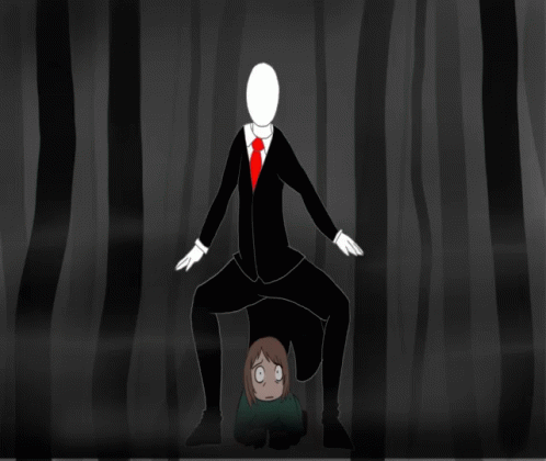 A GIF AN ANIMATED SLENDERMAN DOING THE GANGNAM STYLE OVER A SCARED PERSON.