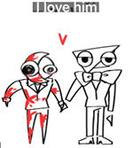 a digitally drawn image of darles nemeni and hoonis boogie from the pink city. hoonis is covered in blood and looks deranged while darles looks indifferent. they're holding hands and the drawing is captioned 'i love him'