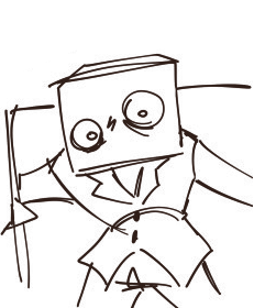 a drawing of darly boxman stepping through a doorway