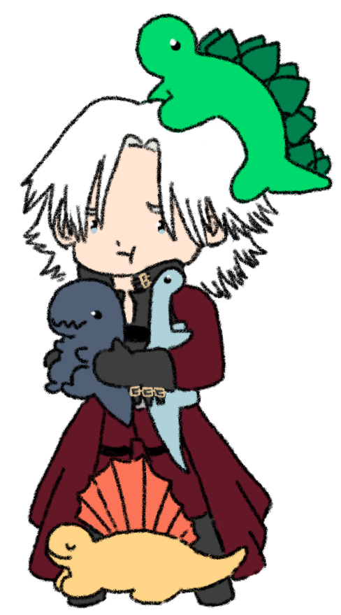 Devil May Cry 2 Dante holding two dinosaurs with one at his feet and another balanced on his head. He is confused