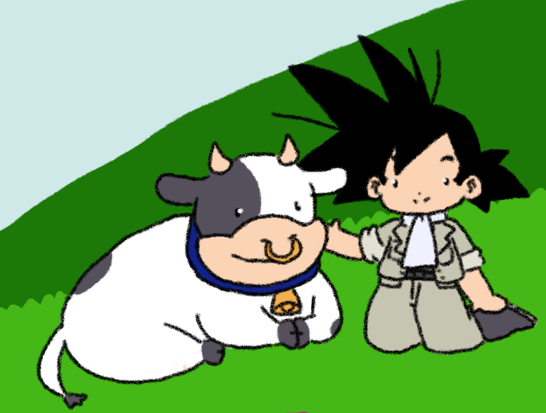 Son Goku from Dragon Ball in his farmer outfit, in a meadow and petting a cow