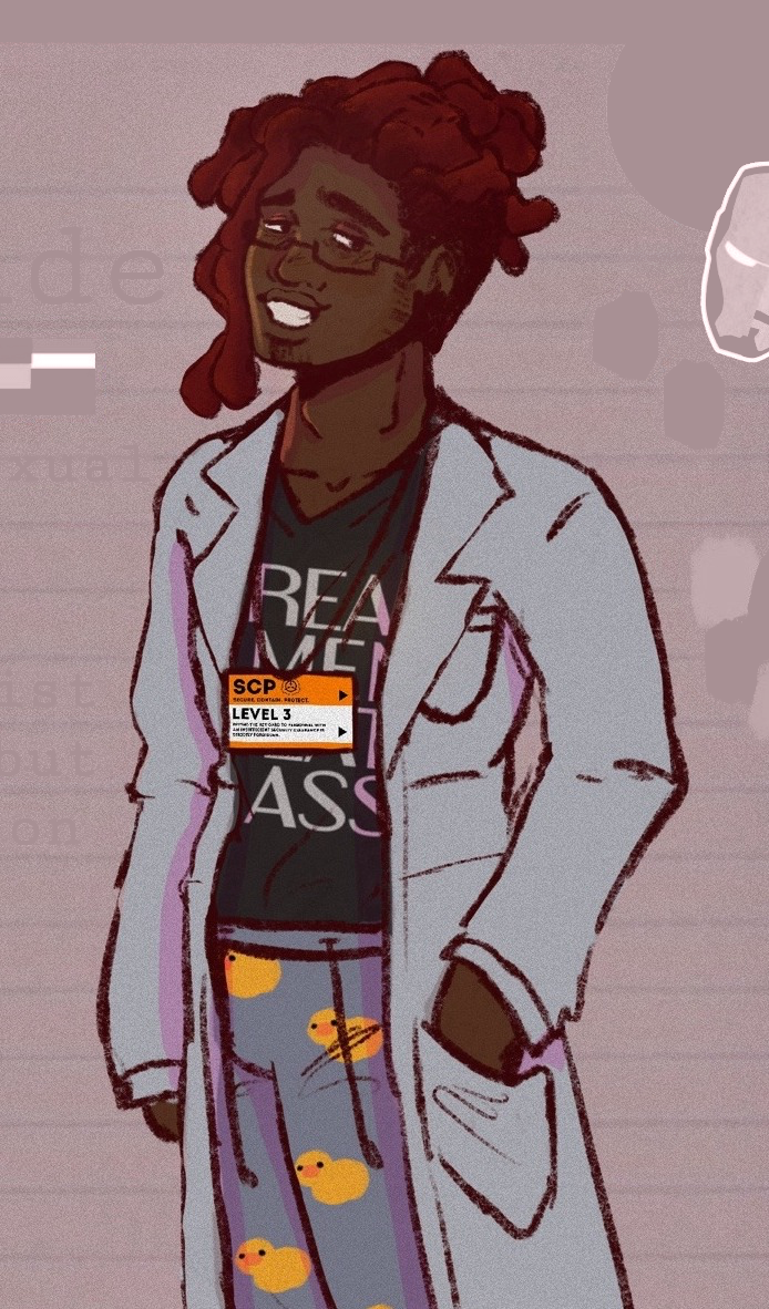 Art of Pride. He is a Black person in an oversized lab coat, with a novelty t-shirt and pajama pants.