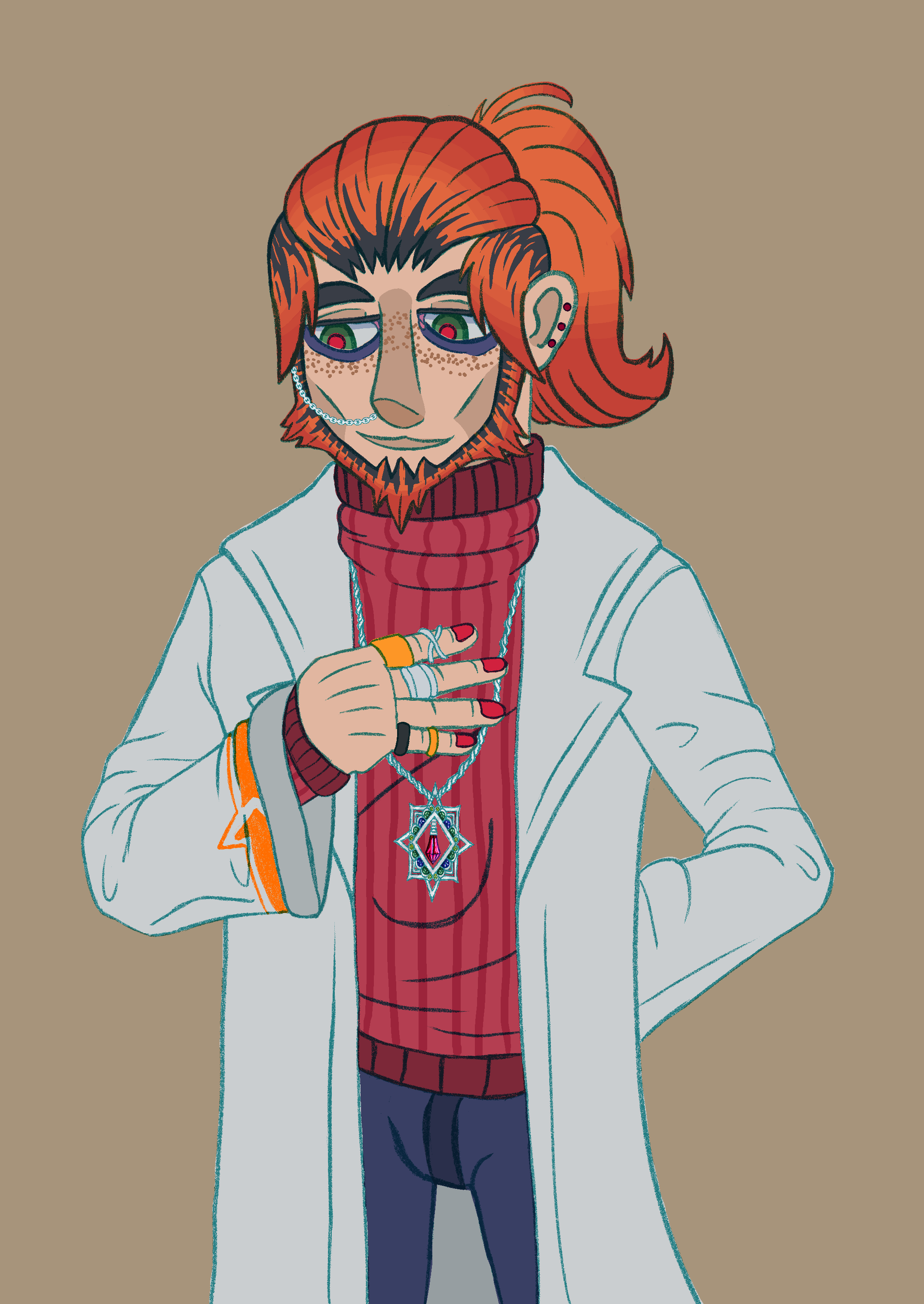 Art of Amaryllis. He is a slender person in a lab coat. He has strawberry blonde hair.