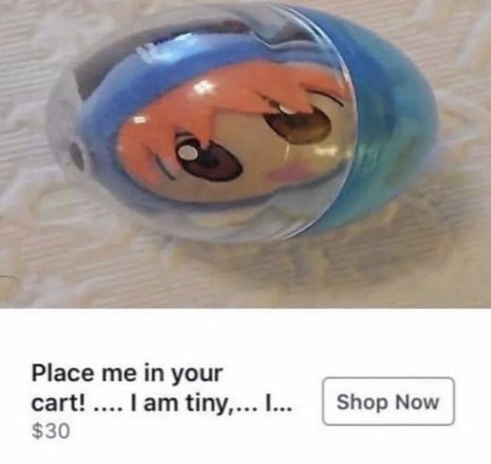 A little anime girl plush with orange hair inside of a blue capsule ball. Below her is a shop listing that reads: [begin] "Place me in your cart! .... I am tiny,... I..." [end] She is $30.