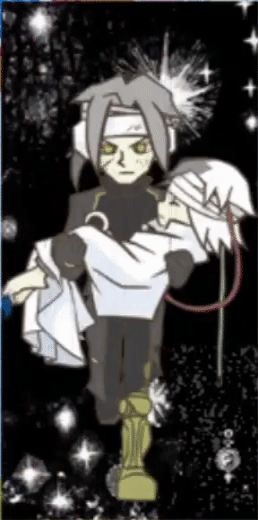 A gif of Weiss from Pop'n Music in his Fever animation. It's a scene from his past, running as he carries Black (a child who was created in a lab). His left (our right) leg is a prosthetic.