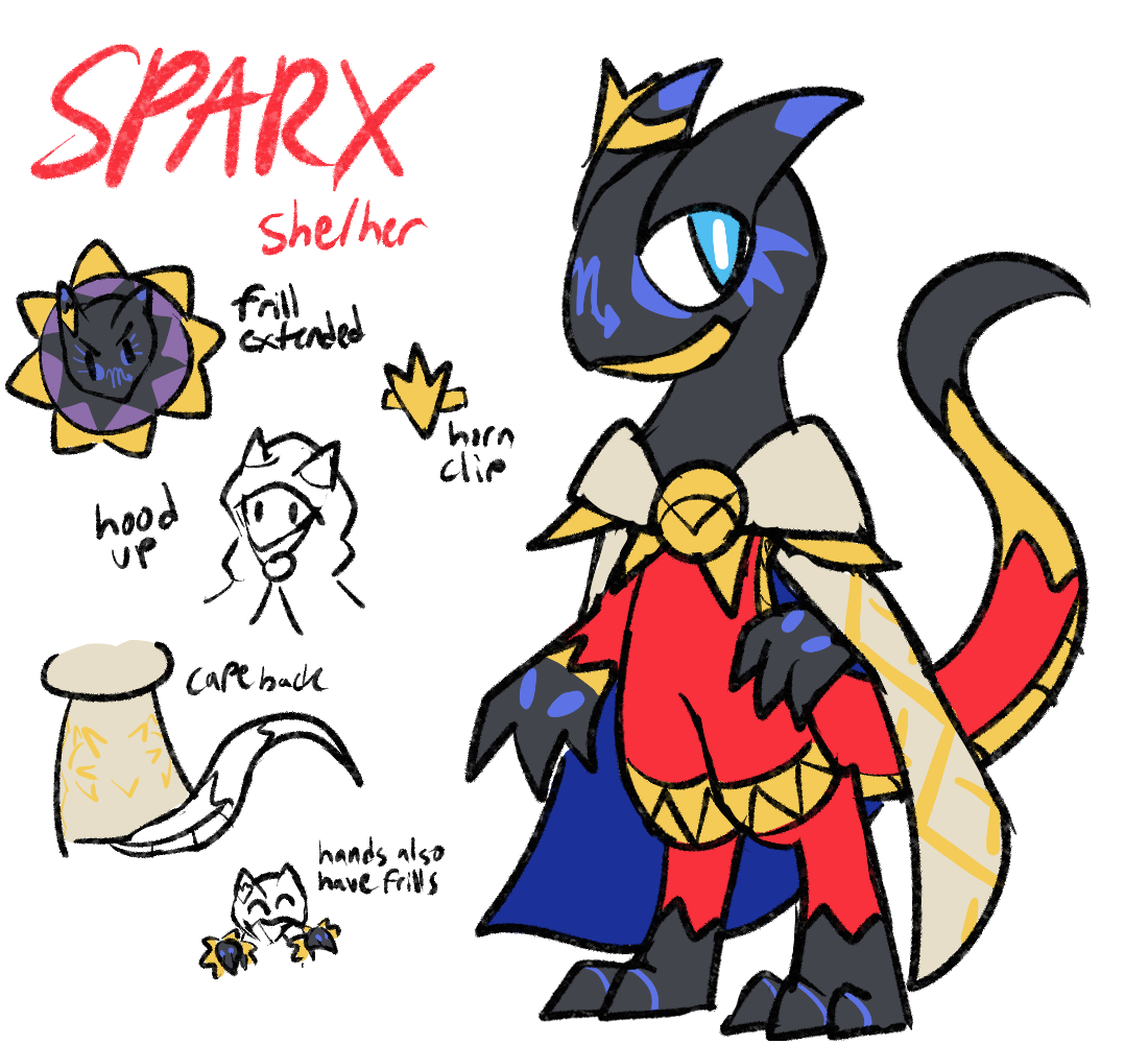 A refsheet for Sparx, a shiny Heliolisk with various blue markings, an ivory cloak and a clip on her right (our left) horn. Various sketches show how she looks with her frill extended, her cloak hood up, the back of the cloak, and her hands having smaller frills of their own, similar to a Hydreigon.