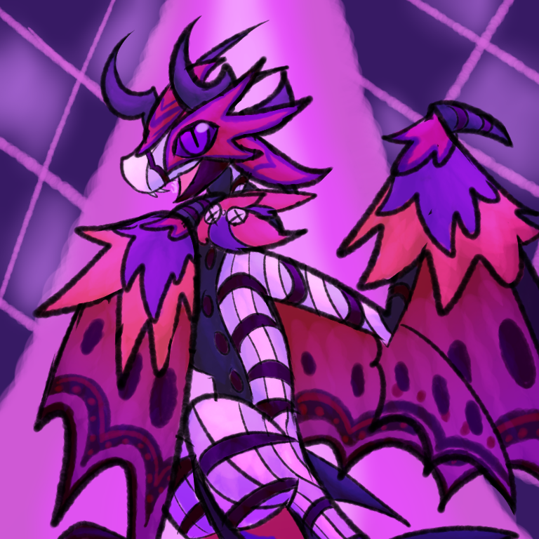 A drawing of Checkers against a purple-lit checkered background, a wing folded over his chest as he gives an open-mouth smile. He has purple and red jester apparel on, and a purple spotlight shines on him.