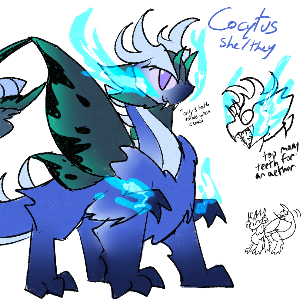 A sketchsheet of Cocytus, her name and pronouns (she/they) listed in the top right. The main drawing is colored, showing her in a wide stance with her second set of arms wreathed in blue flame and raised in front of her first. She has 3 pearly fangs visible from her closed mouth, blue flames still emitting. To the right is an uncolored sketch of her with her mouth open in a menacing display of her Carnivore gene, noting that this is too many teeth for an Aether to have. Below that is a second simplified sketch of Cocytus looking quite happy as she wags her tail.