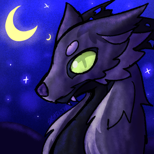 A drawing of Lupo from the neck up, glancing at the viewer in a moonlit night setting. He more or less looks the same as his site art, save for some prominent canine teeth.