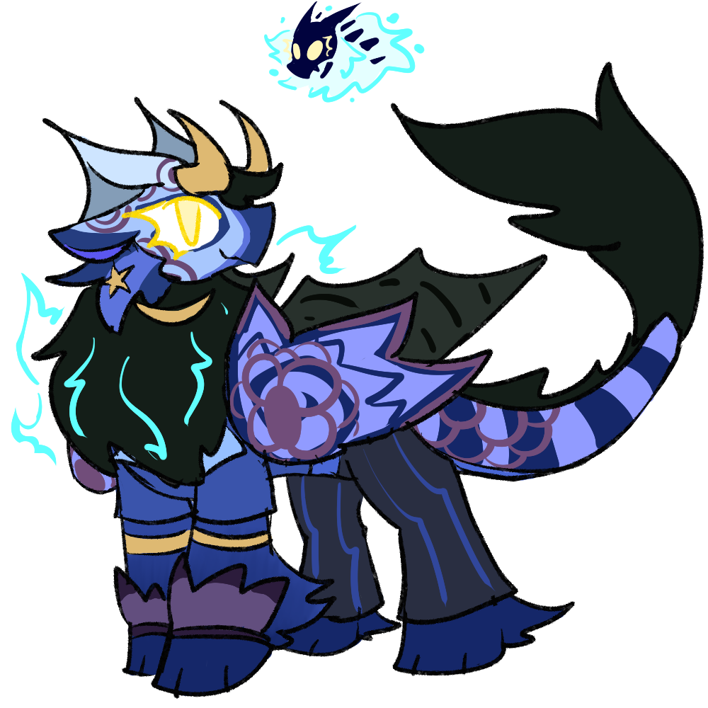 A drawing of Felix in a confident pose, appearing similar to his site appearance without the accent aside from cyan streaks on his mane. At the top of the canvas is a smaller drawing of his head appearing as it does with the accent- skeletal with simplified horns and spine segments visible, and his mane turned to cyan flames.