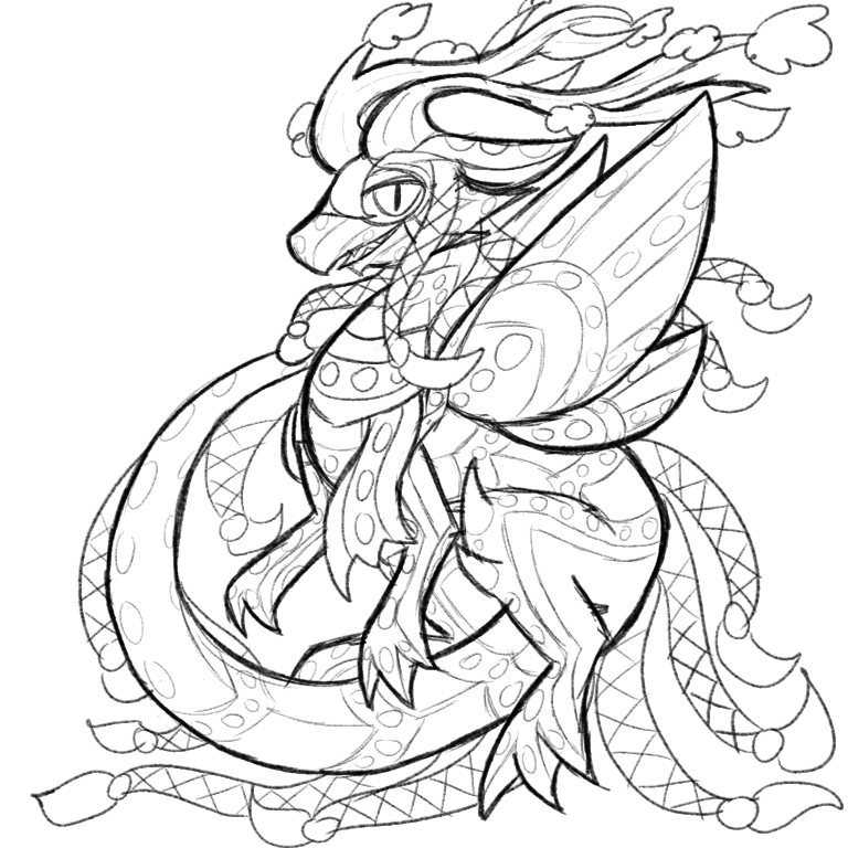 An uncolored sketch of Hellebore in flight looking smug. His mane is kept in several simplified braids.