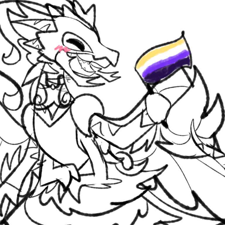 An uncolored drawing of Lilioce waving a colored nonbinary flag with great joy. They have a second set of arms beneath their primary one, but that's about all there is in terms of divergence from the site art.