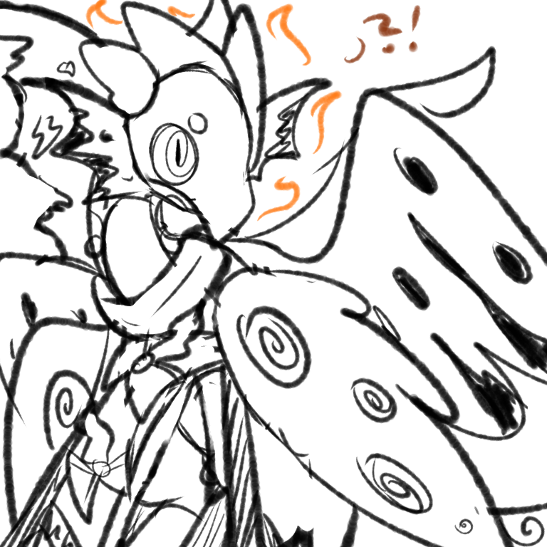 An uncolored drawing of Luin looking alarmed to the right. His frills are torn, the Feathery Fallout wings are pulled in and have sprialed eyes much like his own, and the Proto Wings are providing support for his body on the ground.