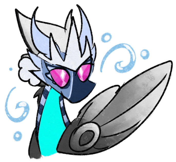 A drawing of Sette from the neck up, giving a soft smile as he glances to the right. The facets serving as his pupils are pure white and diamond-shaped, and water swirls around him.