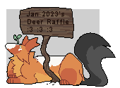 an orange longhair not-deer (noodly deer species with odd traits) laying down next to a sign that says "Jan 23's Not-Deer Raffle :3 :3 :3". it has a sprout on its head, green eyes, and a long black tail.